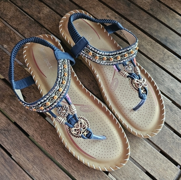 NWOT Aomigoct navy bohemian embellished elastic ankle flip flops sandals - Picture 1 of 12